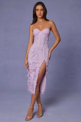 Lace-Up Corset Midaxi Dress with Split in Lilac