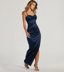 Iliana Cowl Neck High Slit Satin Column Dress