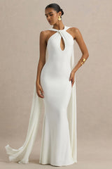 Rhoda | White Twist Halter-Neck Cape Maxi Dress