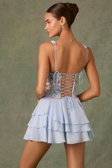 Embellished Ruffled Corset Mini Dress in Floral Blue