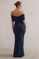 Eva | Navy Bardot Bow Detail Maxi Dress With Thigh Split
