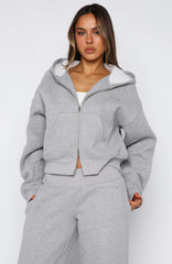 Come A Long Way Boxy Zip Front Hoodie Grey Marle