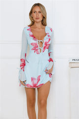 Ocean Flower Long Sleeve Mesh Mini Dress Blue