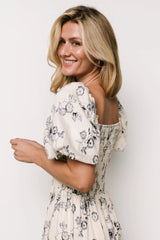 Susanna Smocked Maxi Dress | Ivory + Blue Floral