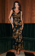 Dara Midi Dress Low Neck Sleeveless Slip Dress in Amber Floral Print