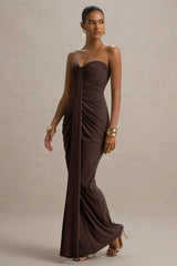 Ali | Brown Sweetheart Ruched Wrap Maxi Dress