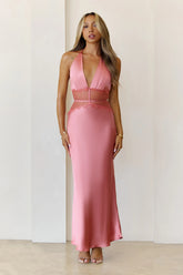 Ibiza Twilight Satin Lace Maxi Dress Rose