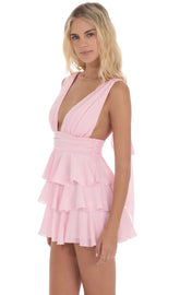 Plunge Neck Ruffle Dress in Pink