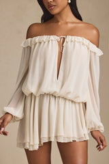 Off-Shoulder Asymmetric Balloon-Sleeve Mini Dress in Ivory