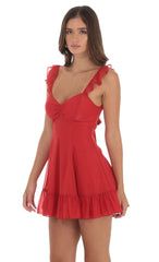 Shimmer Chiffon Ruffle Strap Dress in Red