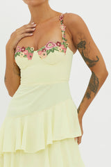 Rose Garden Tiered Ruffle Floral Trim Dress Lemon