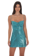 Sequin Front Twist Bodycon Dress in Aqua