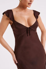 MESHKI Chantal Short Sleeve Satin Midi Dress - Dark Chocolate