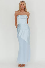 Moon Aura Pleat Detail Strapless Maxi Dress Blue