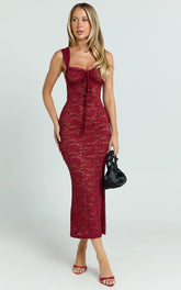 Collette Midi Dress Ruched Bust Wide Strap Detail Lace Midi Dress in Wine