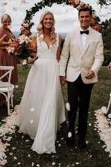 Zuri | Elegant A-Line V Neck White Chiffon Wedding Dress with Appliques