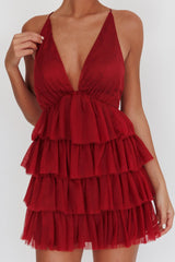 Auguste Tiered Frill Mini Dress Burgundy
