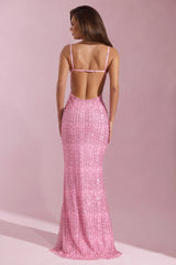 Embellished Cowl-Neck Backless Maxi Dress in Pink