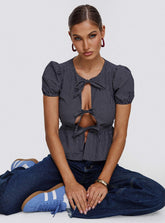 Verah Tie Up Puff Sleeve Top Navy Check