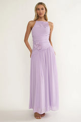 Brighten Drop Waist Flower Accent Maxi Dress Lilac