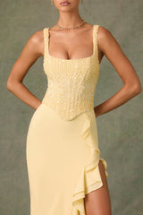 Embellished Ruffle-Trim Corset Gown in Yellow