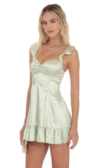 Satin Ruffle Fit and Flare Dress in Pastel Green