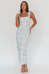 Coastal Bloom Tied Shoulder Maxi Dress Embroidered Baby Blue