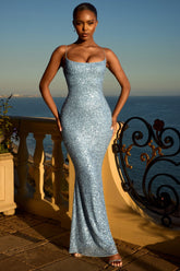 Embellished Fishtail Maxi Dress in Light Blue