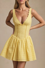 Broderie Anglaise Bow-Detail A-Line Mini Dress in Pastel Yellow