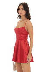 Satin Cowl Neck Dress in Red