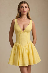 Broderie Anglaise Bow-Detail A-Line Mini Dress in Pastel Yellow