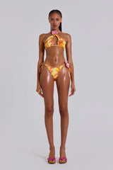 Lucia Ruffle Halter Bikini Top with Flower Detail