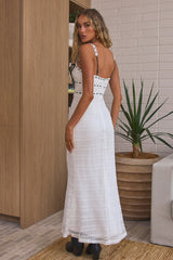 Delicate Femme Knit Ribbon Trim Maxi Dress White