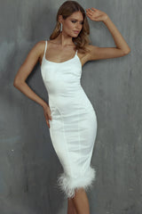 Hopelessly Devoted Feather Trim Midi Dress White