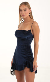 Kailani Velvet Glitter Cowl Neck Dress in Blue