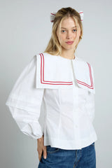 elise blouse - white with red piping
