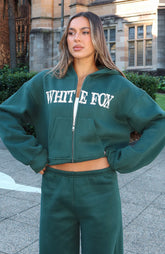 Brand New Start Boxy Zip Front Hoodie Forest Green