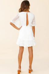 Leona Half Sleeve Frill Trim Dress Leaf Embroidered White