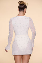 Embellished Wrap Over A-Line Mini Dress in Ivory