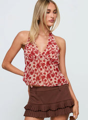 Two Ghosts Low Back Halter Top Red Floral