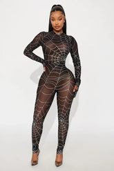 Caught In My Web Glitter Sheer Jumpsuit - Black
