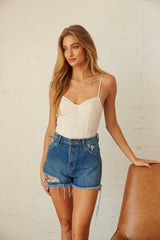 Layla Distressed Denim High-Rise Duster Shorts in Ashley Blue