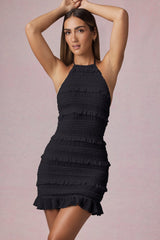 Ruffled Backless Halterneck Mini Dress in Black