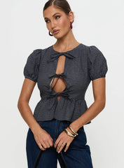 Verah Tie Up Puff Sleeve Top Navy Check