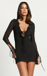 Alesya Mini Dress Ruffle Plunge Neck Long Sleeve Tie Detail Dress in Black