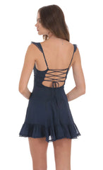 Shimmer Ruffle Fit and Flare Dress in Navy