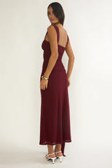 Emara Ruched Waist Sash Maxi Dress Burgundy