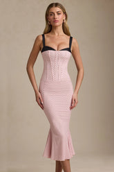 Layered Bra-Detail Fishtail Midaxi Dress in Pink Polka Dot