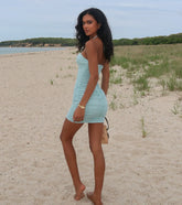 Getaway Girlie Halter Bead Crochet Mini Dress