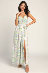 Effortlessly Abloom Green Multi Floral Ruched Halter Maxi Dress